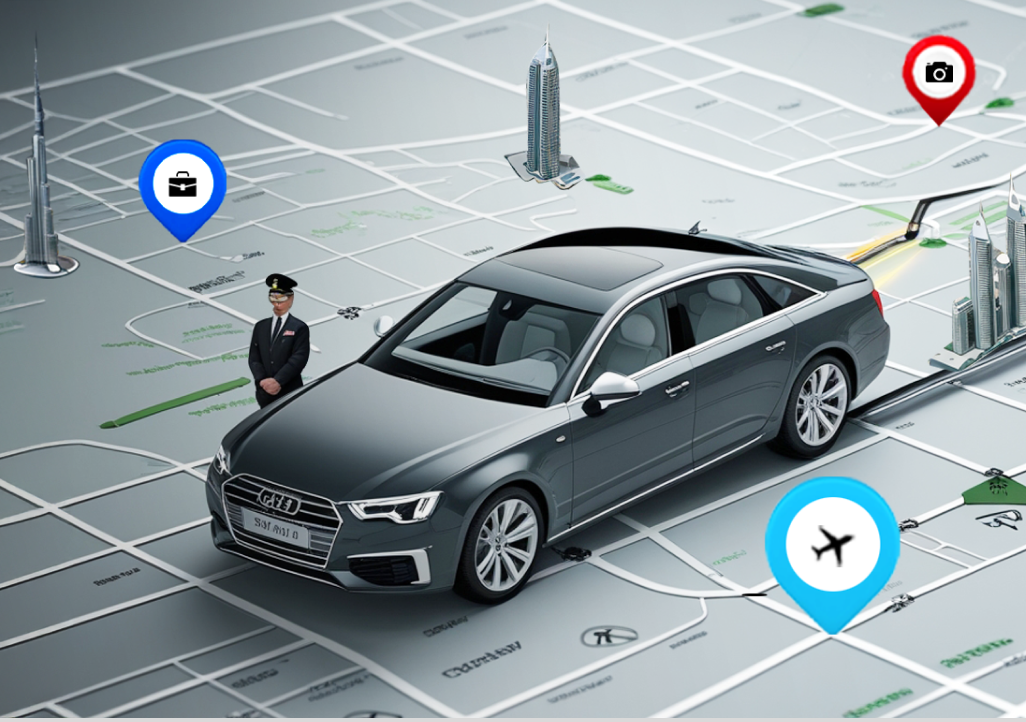 A map graphic with location pins in Qatar. The text features 'Luxury, Convenience, Reliability,' along with a luxury Audi A6 with a chauffeur. There are buttons for 'Call Us Now' and 'WhatsApp,' with the number +97145733533 for chauffeur-driven car rental needs in Qatar.